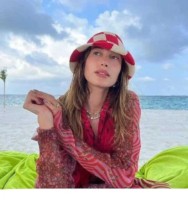 Handmade cotton checkered crochet bucket hat for women. Breathable and fashionable for summer outfits.