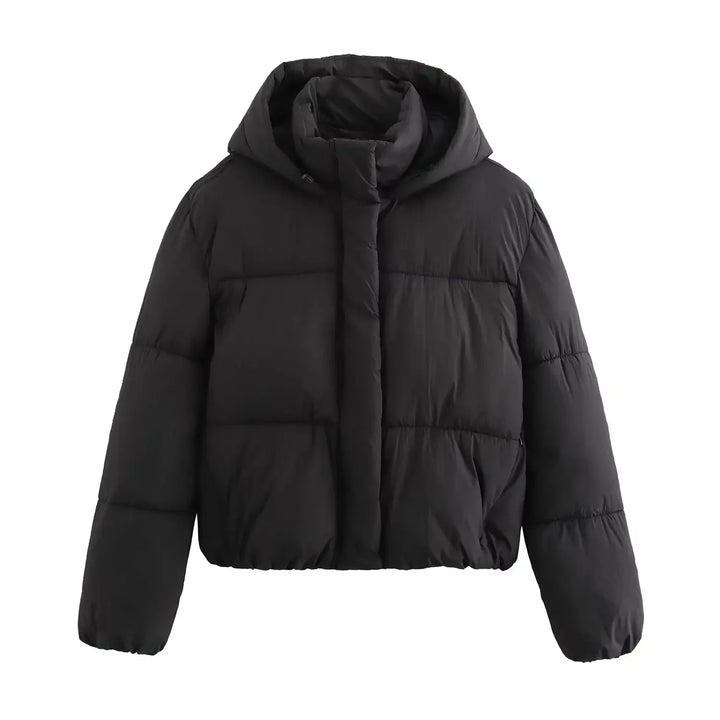 Stylish women's cropped insulated puffer jacket in black with a high collar, perfect for winter fashion