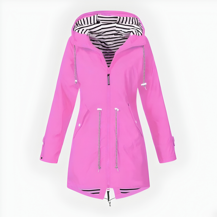 Stylish women's long rain jacket, waterproof & windproof, perfect for all-weather outdoor fashion.