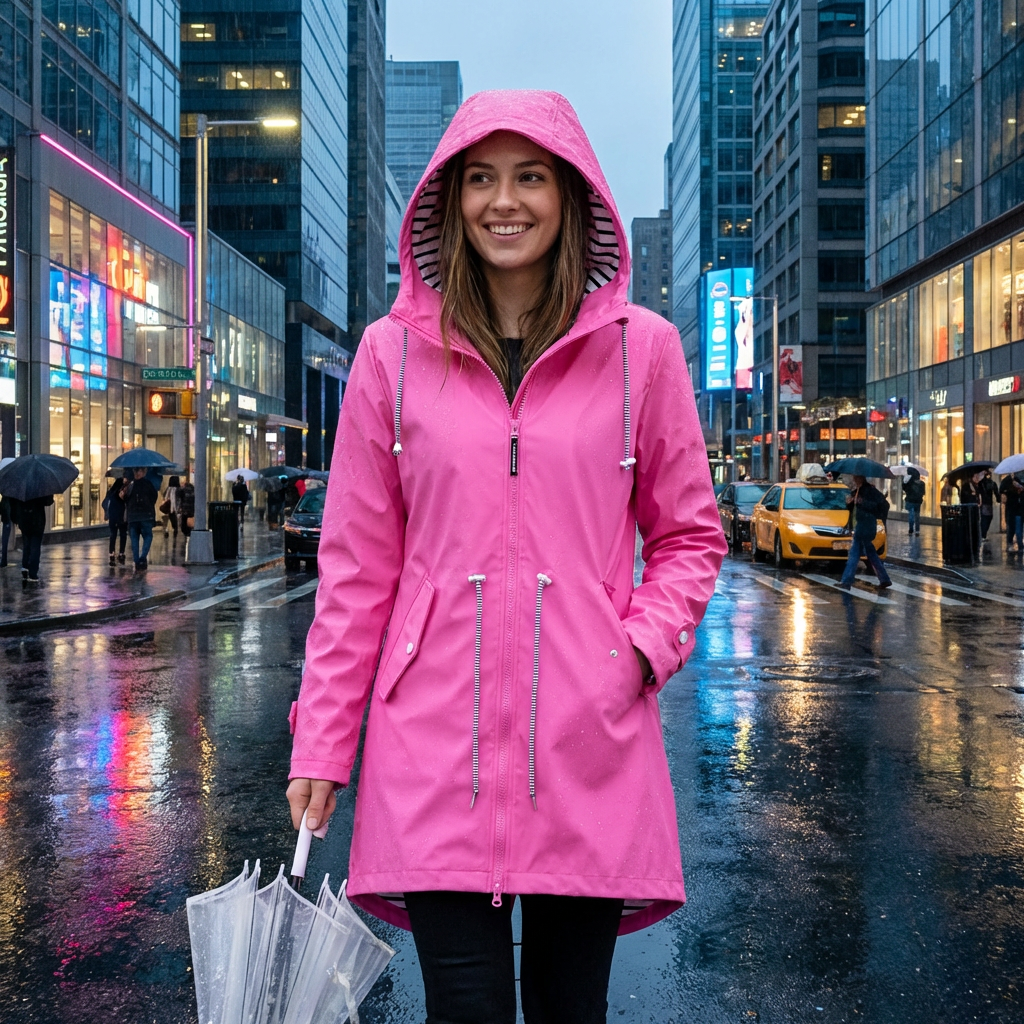 Woman wearing a fashionable long hooded rain jacket, ideal for waterproof & windproof protection.