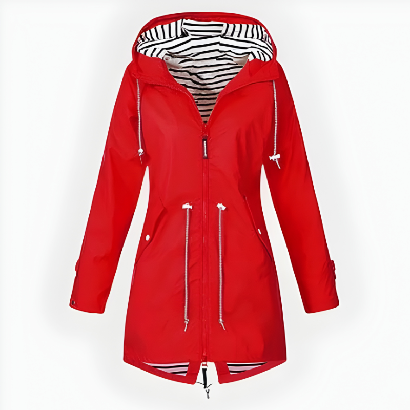 Close-up of the elegant women's long rain jacket, highlighting its durable waterproof fabric and design.