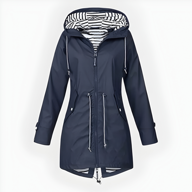 Lightweight and breathable women's long jacket, designed as a waterproof & windproof everyday outerwear.
