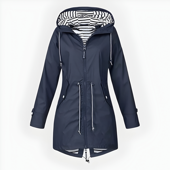 Lightweight and breathable women's long jacket, designed as a waterproof & windproof everyday outerwear.