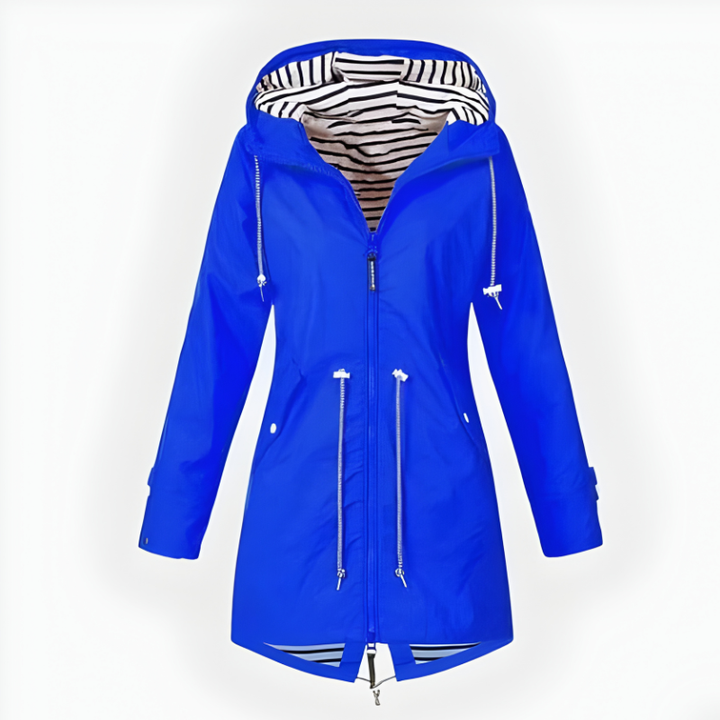 Fashionable women's long rain jacket, featuring a protective hood and sleek waterproof & windproof design.