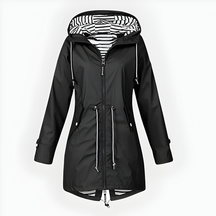 Modern women's long rain jacket, versatile and stylish, ensuring waterproof & windproof comfort for all-weather.
