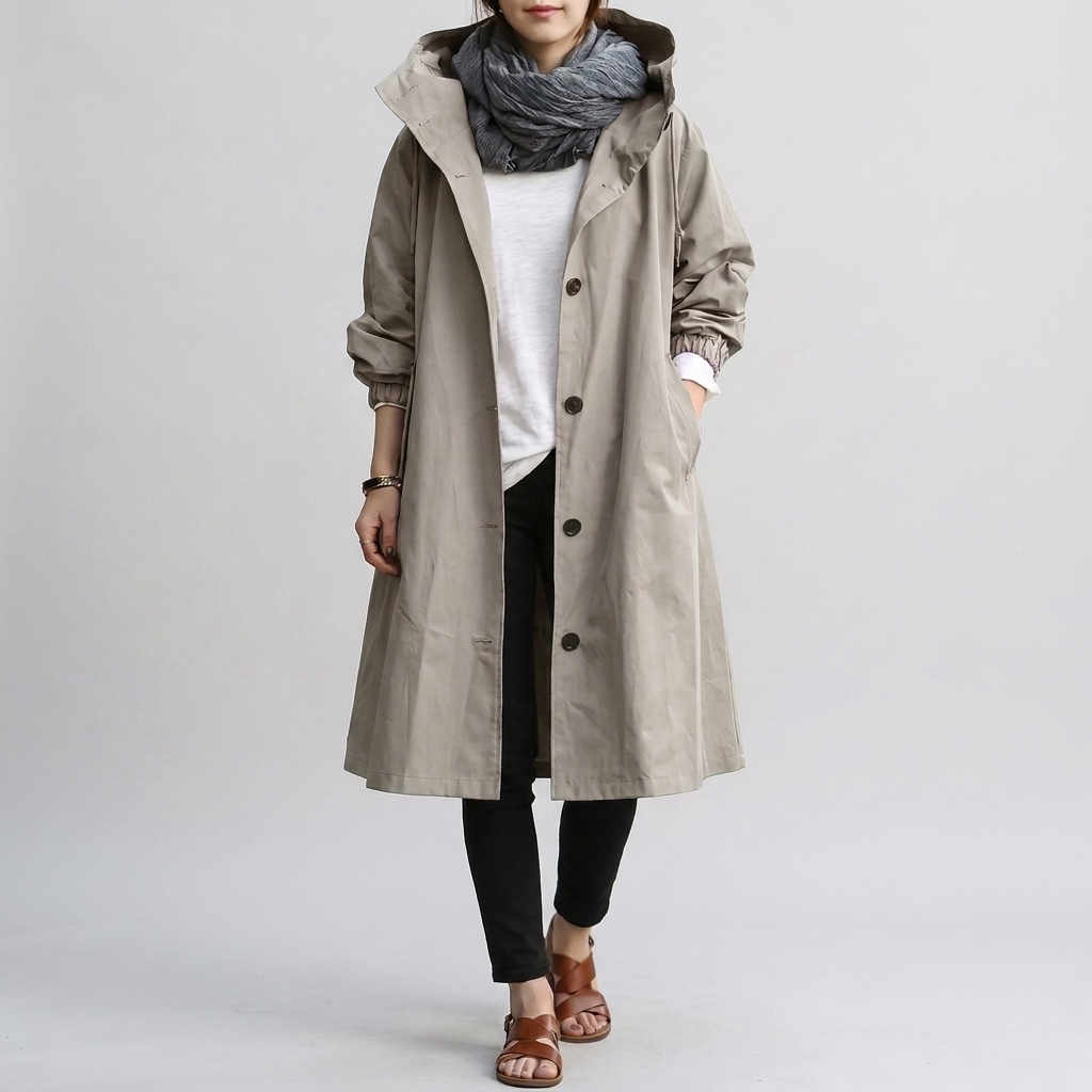Casual women's oversized rain jacket in a neutral color, perfect for spring/fall layering & everyday wear.