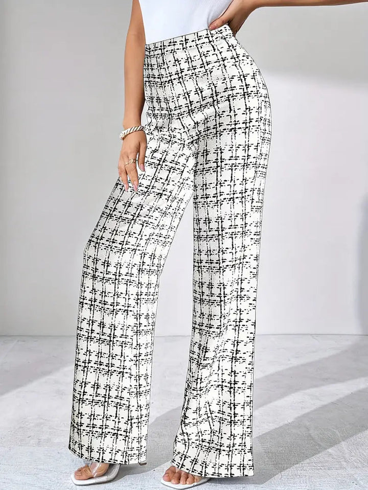 Soft knit plaid fabric of women's flare pants, designed with a comfortable high waist.