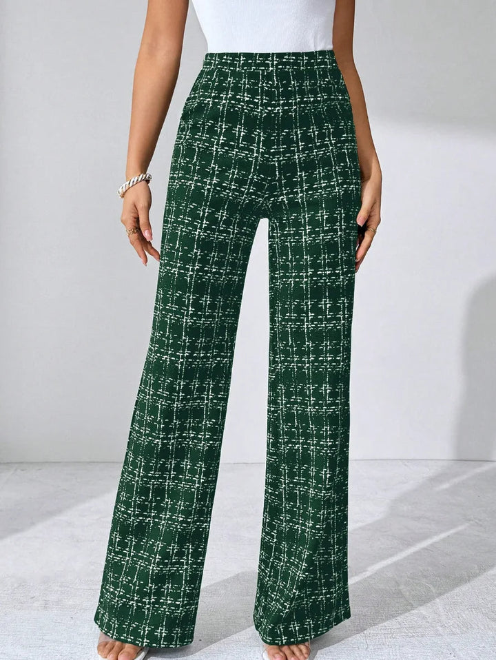 Versatile women's plaid knit pants, flared and high-waisted for a stylish, relaxed fit.