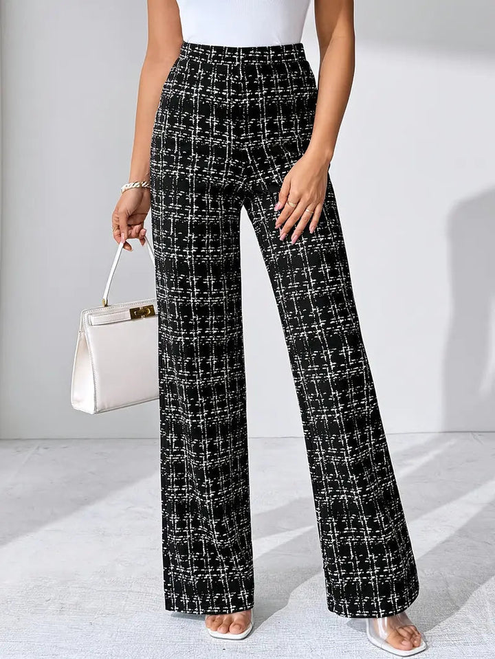 Comfortable stretch plaid flare pants for women, high-waisted, perfect for casual wear.