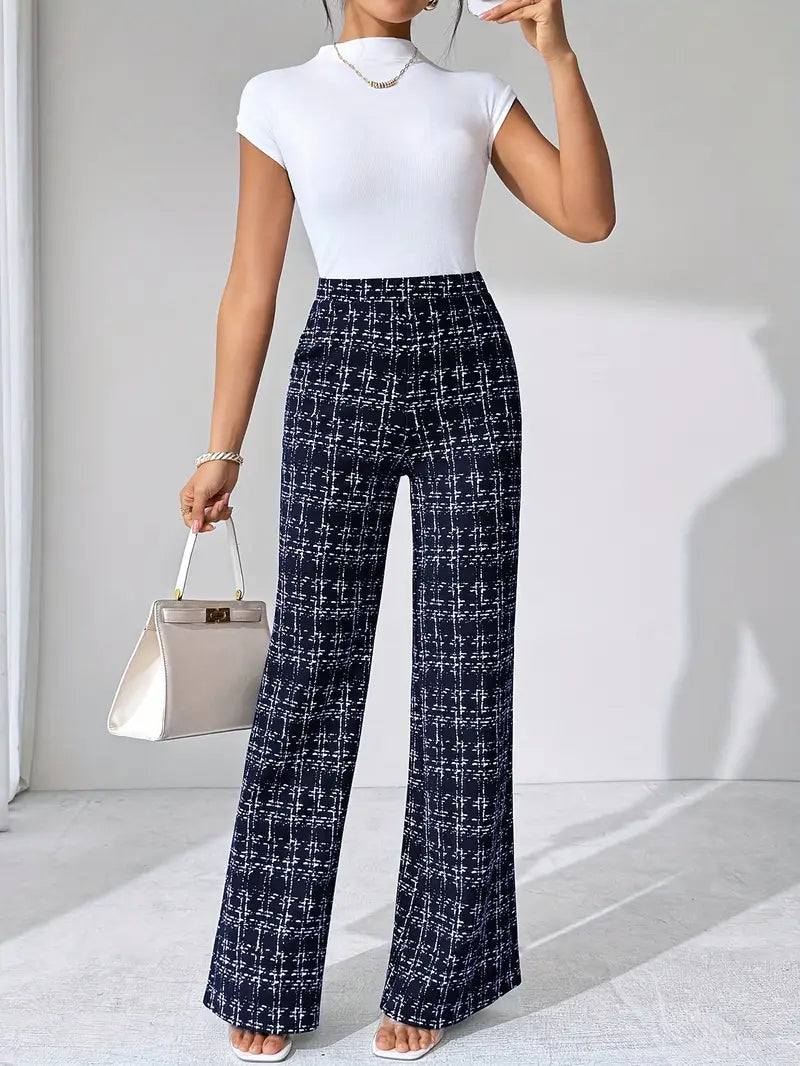 Trendy women's high waist plaid knit trousers with a graceful flared leg.