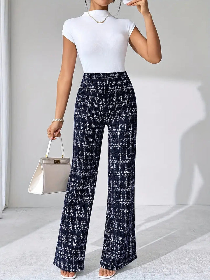 Trendy women's high waist plaid knit trousers with a graceful flared leg.