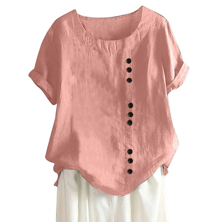 Stylish women's short sleeve button-up casual top with unique asymmetrical placket for everyday wear.
