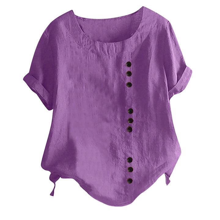 Fashionable women's button-up casual top, short sleeve, featuring a unique asymmetrical placket. A versatile shirt.