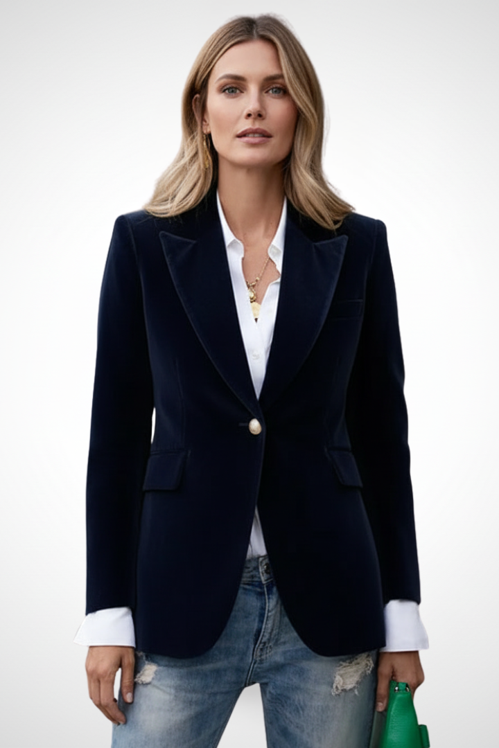 Textured view of a women's single-button lapel blazer, designed for comfortable and stylish professional attire.