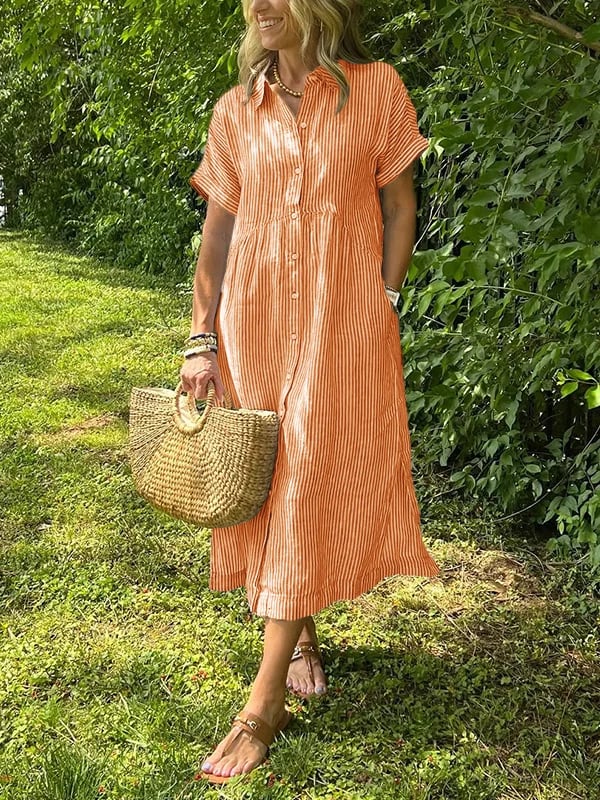 Perfect summer striped midi dress for women, with a casual button-front design & short sleeves. Versatile style.