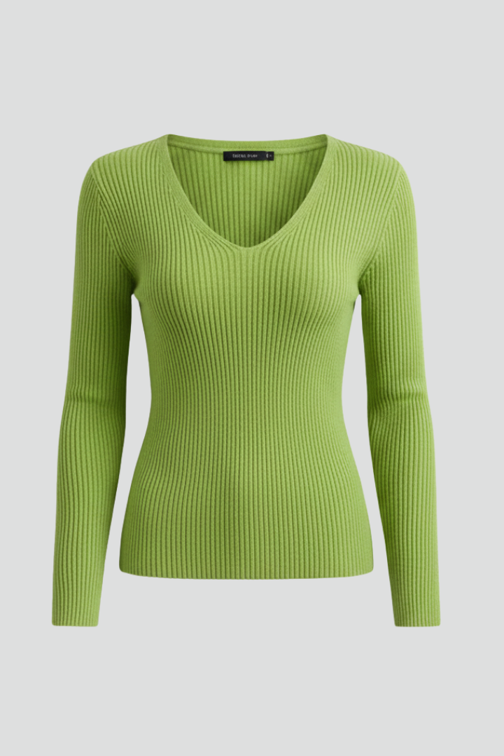 Stylish women's V-neck knit jumper, long sleeve & cozy for winter fashion.