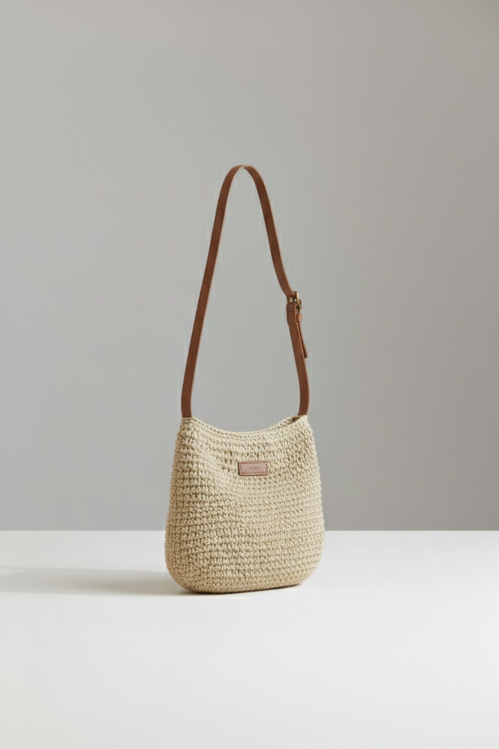Compact women's woven shoulder bag with a long strap, ideal for everyday essentials and a stylish accessory.