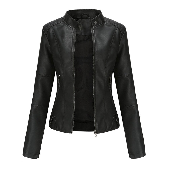 "Stylish women's leather jacket with chic Mandarin collar, premium PU material, and versatile design for fashion-forward comf
