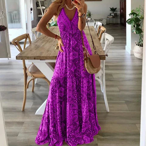 Flowy floral boho maxi dress for women. Comfortable sleeveless summer dress, elegant casual long gown perfect for beachwear.
