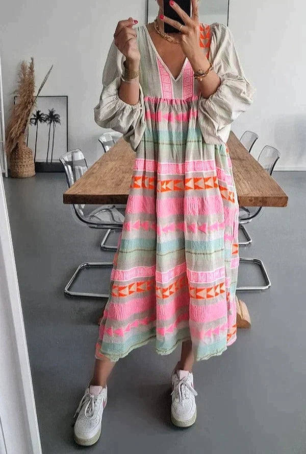 Women's vibrant gradient summer maxi dress. Flowy, colorful, elegant for vacation, perfect effortless style.