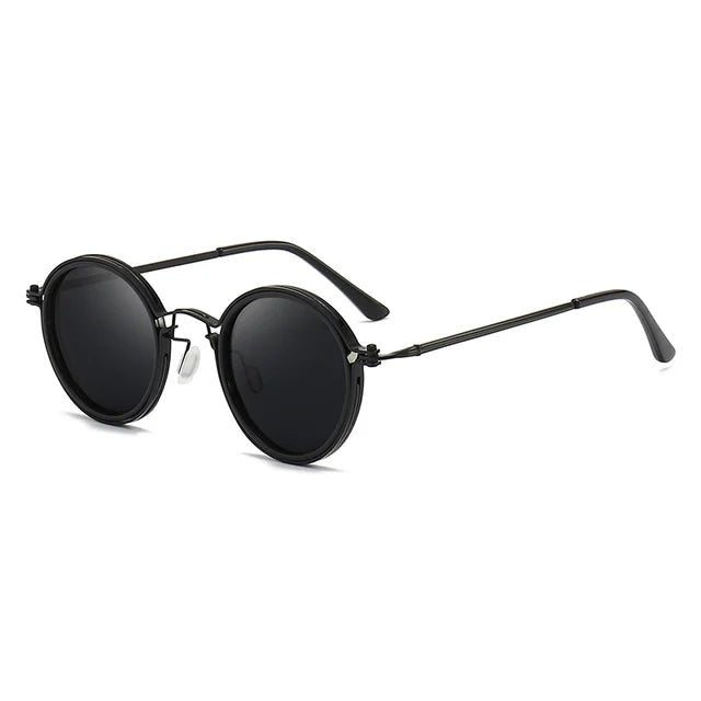 Sleek round polarized sunglasses with striking gold metal temples; unisex, stylish, & full UV protection.