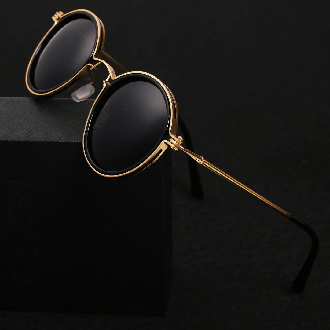 Stylish unisex polarized round sunglasses with gold temples, offering UV protection & glare reduction.