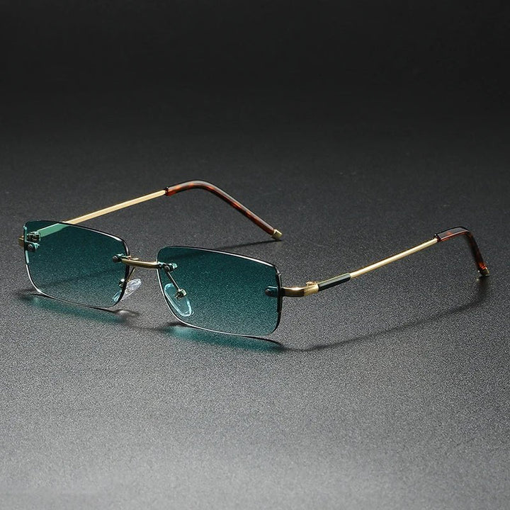 Unisex rimless rectangular sunglasses with gold accents & stylish gradient lenses. Modern UV protection eyewear.