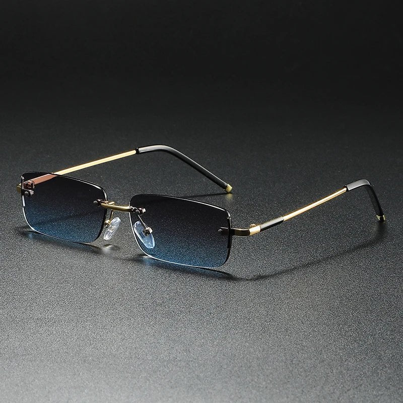 Rectangular rimless sunglasses featuring gold accents, gradient lenses, and UV protection. Unisex lightweight design.