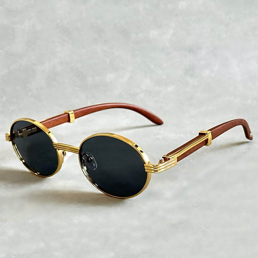 Elegant round gold metal frame sunglasses, perfect designer eyewear with UV400 protection.