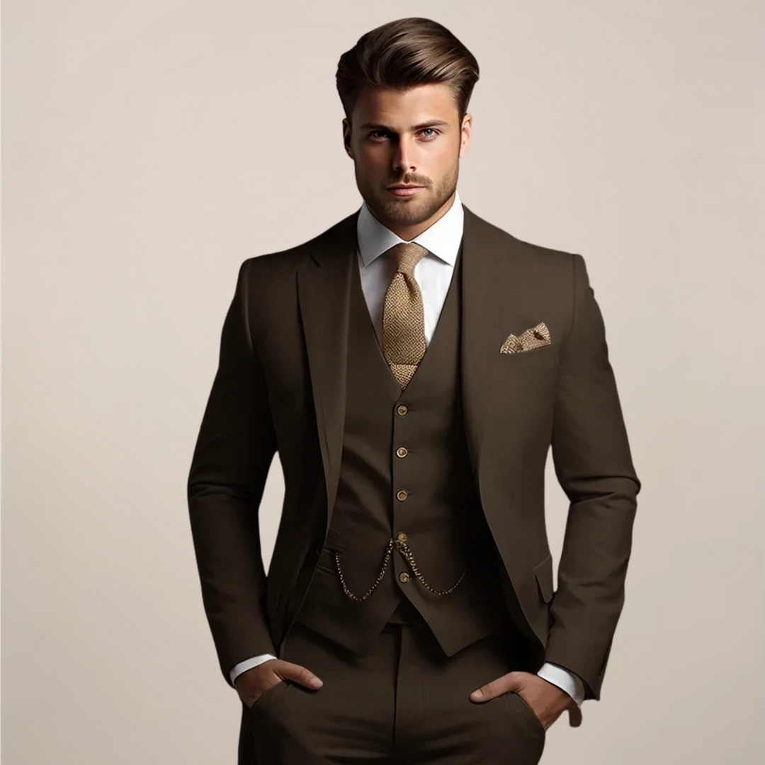 Sophisticated men's slim fit three-piece suit, excellent formal wear for groomsmen and wedding guests.
