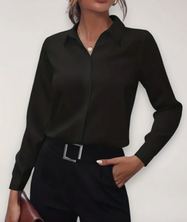 Elegant women's work blouse, long sleeve button-up. Smart tailored top suitable for office & professional settings.