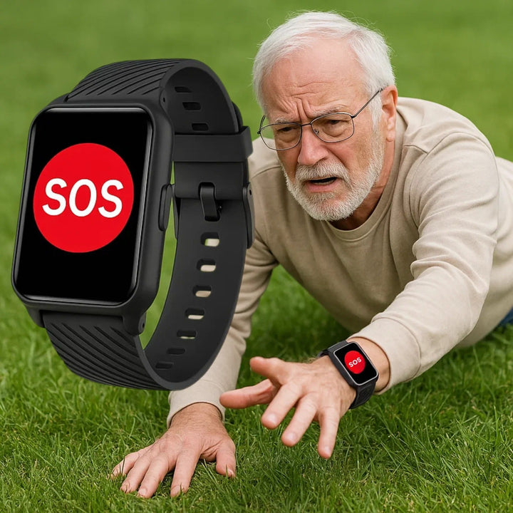 Close-up of TavvitaImp009 senior smartwatch display showing time, heart rate & emergency call button.