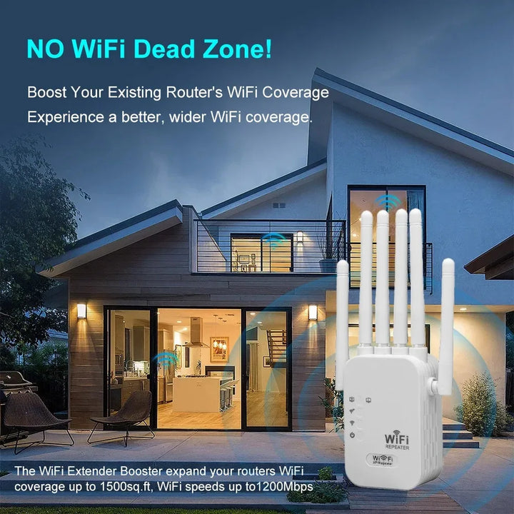 Sleek white Tavvitaimp18 dual band WiFi extender with 1200Mbps speed, improving home network and office wifi.
