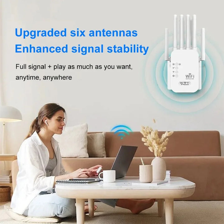 Fast 1200Mbps dual band WiFi extender, providing strong wireless signal for improved internet and connectivity.