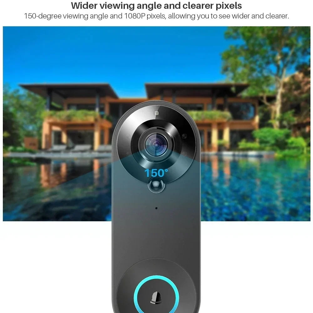 Tavvitaimp18 smart doorbell camera showing app interface for HD video, motion alerts, and 2-way audio.
