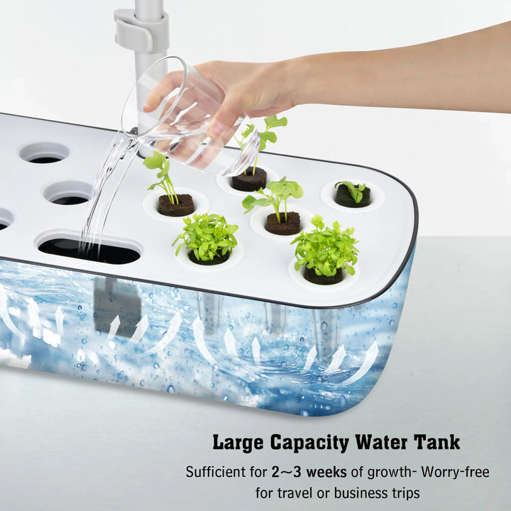 Easy-to-use home garden for fresh herbs. 12-Pod smart hydroponic system with integrated LED plant growth light.