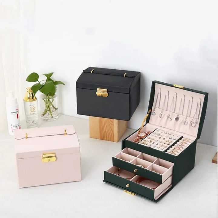 Stylish faux leather 3-tier jewelry box, velvet lined, a perfect dresser organizer for her accessories.