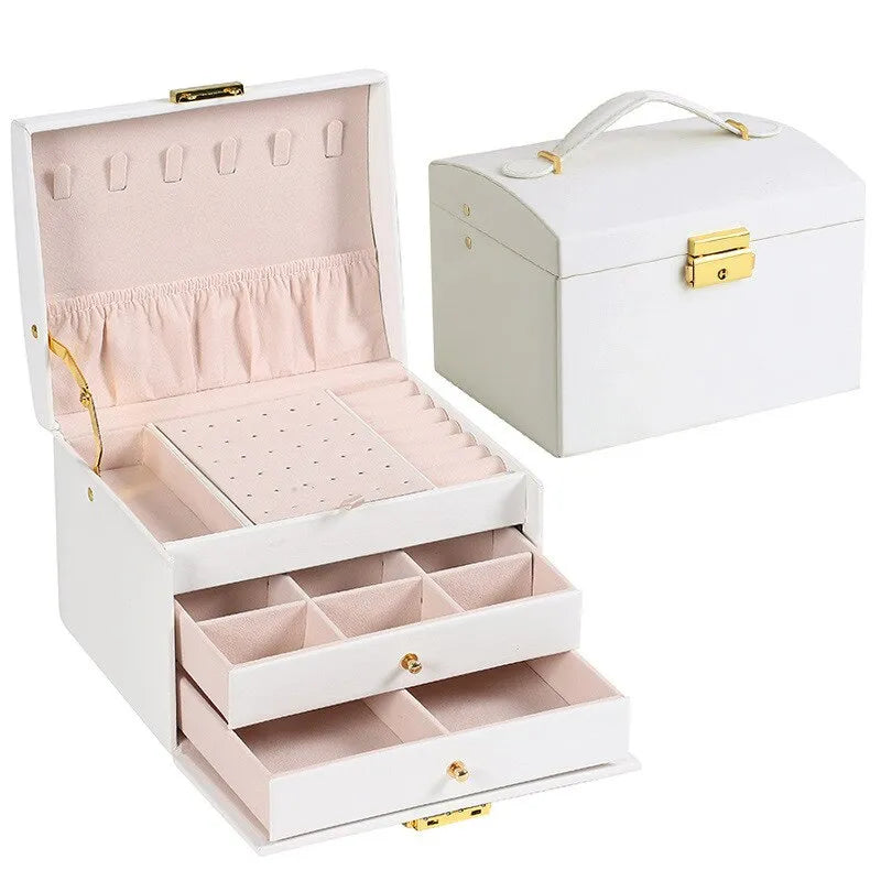 Women's elegant 3-tier velvet lined jewelry box, great for organizing rings, earrings, and necklaces.
