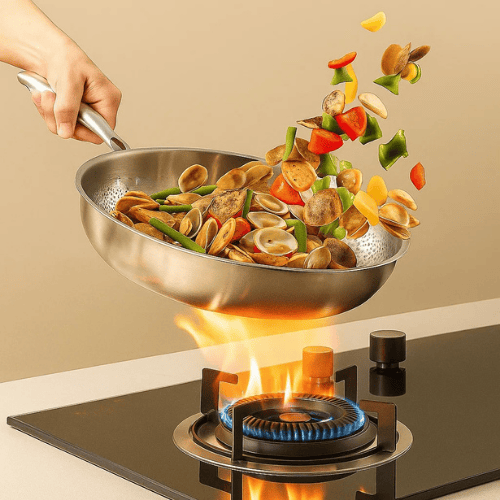 Healthy cooking with this premium uncoated titanium frying pan, a durable kitchen essential for all stovetops.