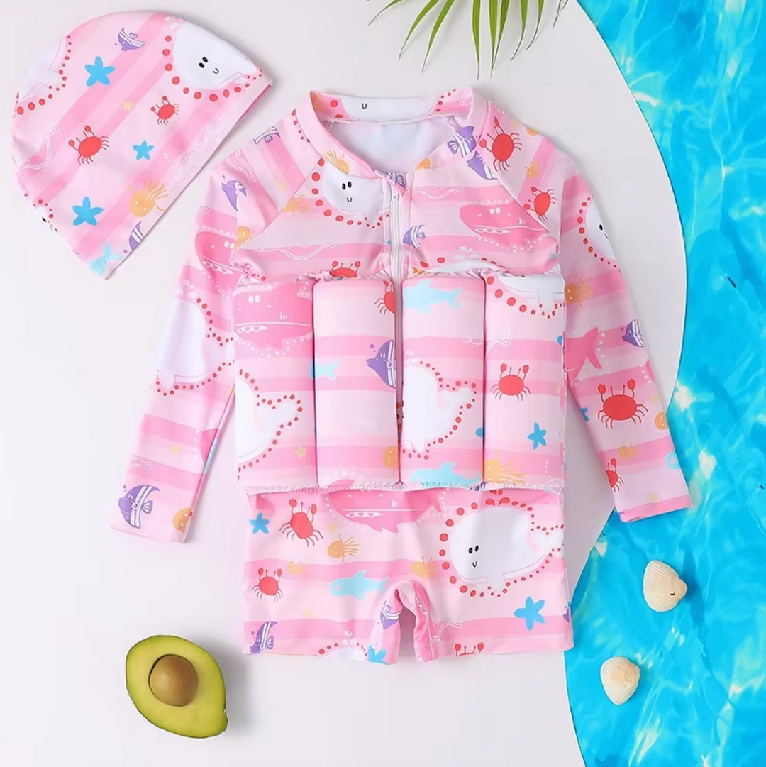 Toddler water safety gear: float vest with UV 50+ sun protection & attached shorts.