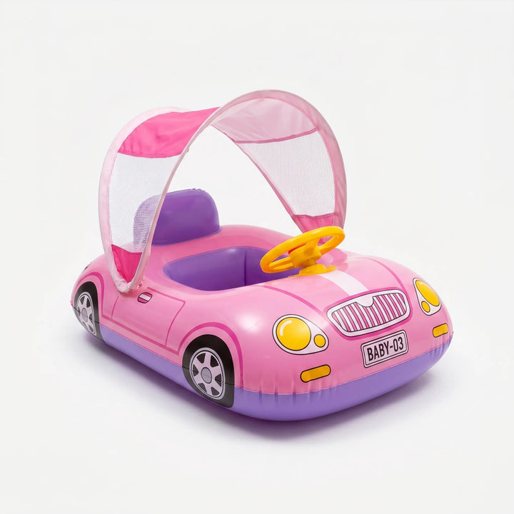 Blue inflatable car pool float for toddlers, featuring a protective sun canopy for shaded water activity.