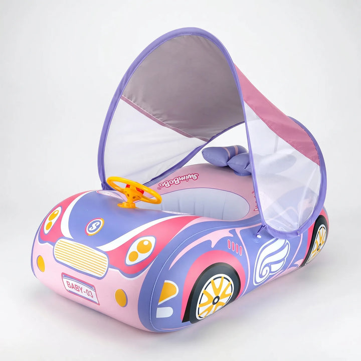 Safe baby car pool float with sun canopy, an inflatable water toy designed for toddler swim training.