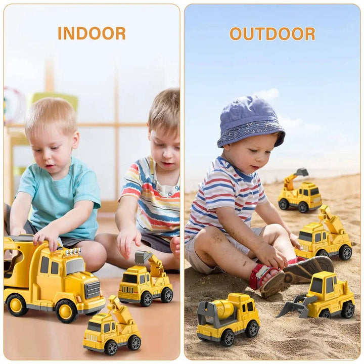 Detailed 5-piece carrier truck play set, including construction vehicles for toddlers' hands-on imaginative play.