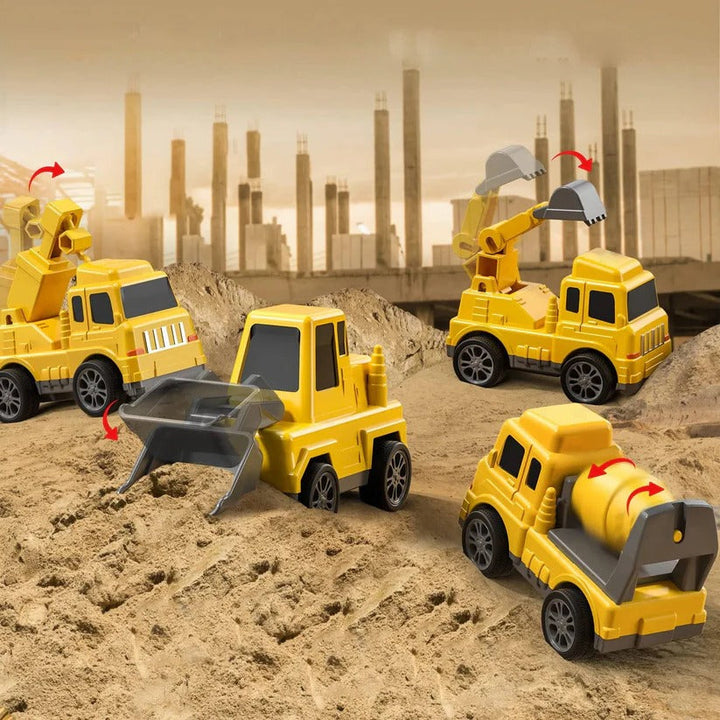 Friction power construction truck set for toddlers. 5 pieces, a large carrier and small kids' vehicles.