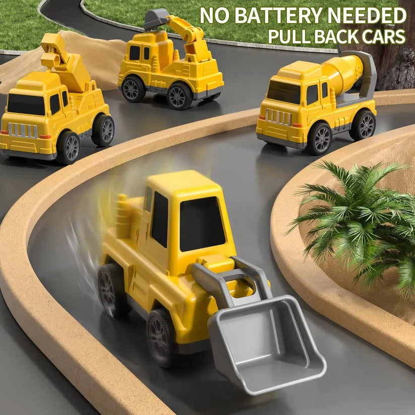 Colorful toddler toy truck set with a carrier and 4 construction vehicles, promoting imaginative play.