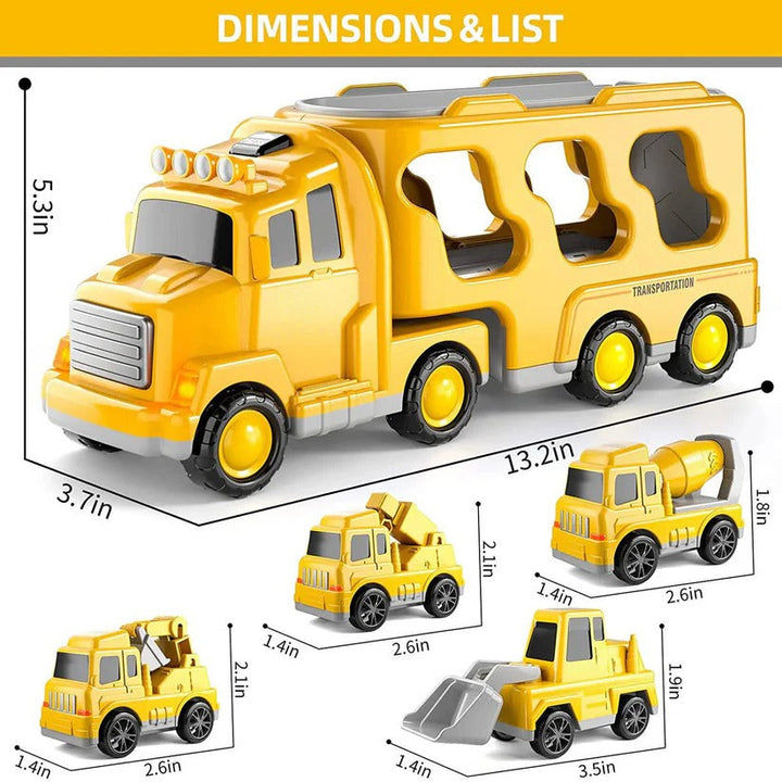 Complete 5-piece construction toy for toddlers: a large carrier truck and small work vehicles for boys.