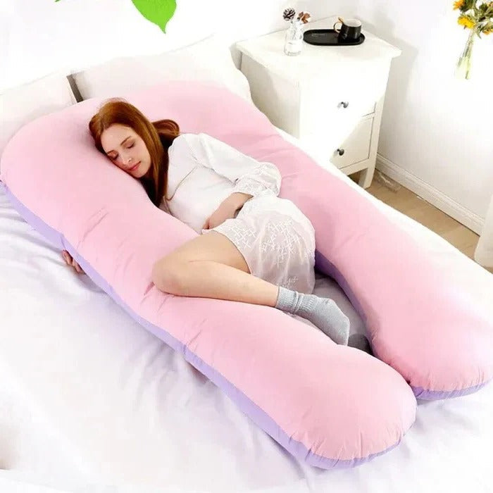 Luxurious U-shaped full body memory foam pillow with a removable, washable jersey cover for ultimate comfort.