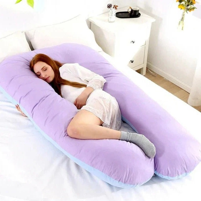 Adjustable U-shaped body pillow designed for side & back sleepers, providing hip, back, & neck support.
