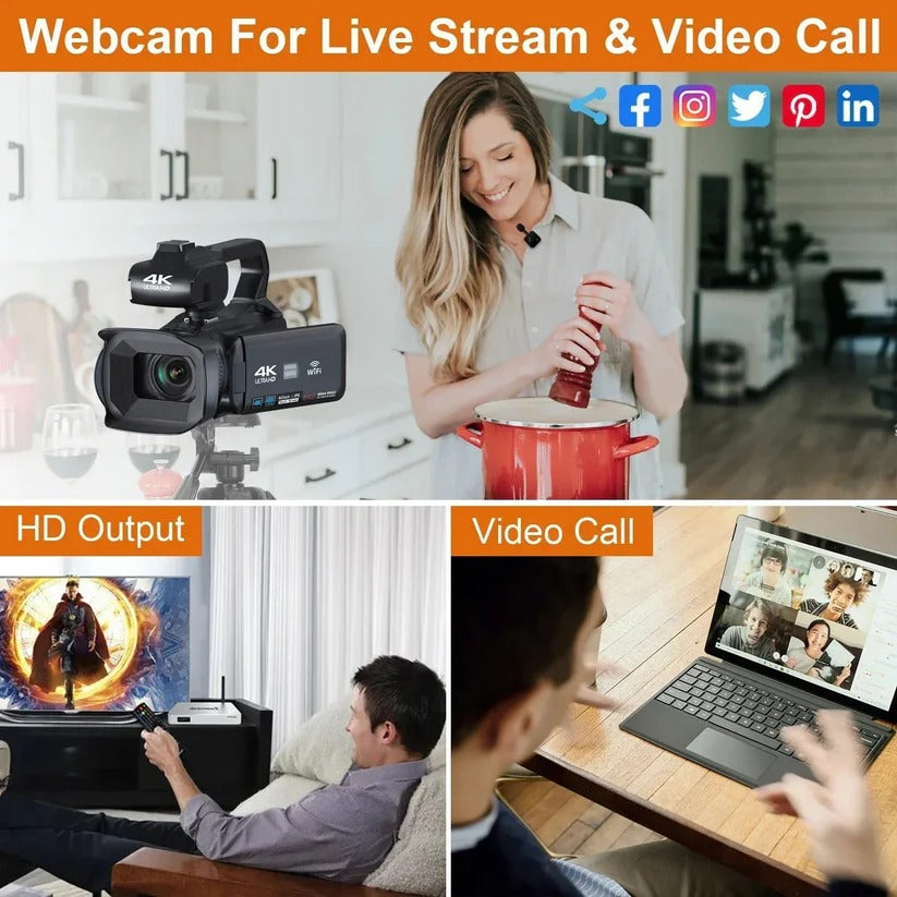UHD 4K camcorder with 18X zoom, rotating touchscreen, ergonomic grip, and light support, ideal for pro-quality video shots.
