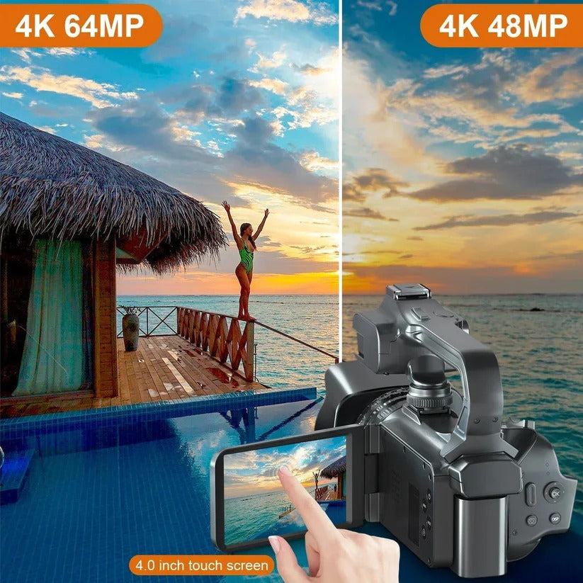 UHD 4K camcorder with 18X zoom, rotating touchscreen, ergonomic grip, and light support, ideal for pro-quality video shots.